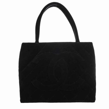 CHANEL Velor Matelasse Coco Mark Reprint Tote Handbag Black