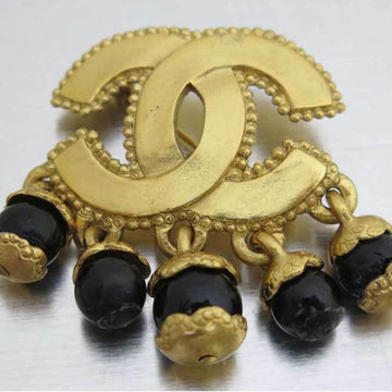 CHANEL brooch here mark gold x black metal material color stone women's