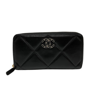 CHANEL 19 Matelasse Lambskin Leather Round Zip Long Wallet Black