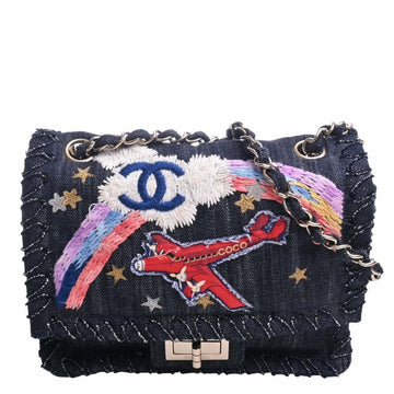 CHANEL Denim 2.55 Chain Shoulder Bag with Mirror Charm Blue Ladies