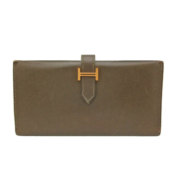 HERMES Bearn Women,Men Box Calf Leather Wallet [bi-fold] Olive