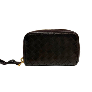 BOTTEGA VENETA Intrecciato Leather Genuine Round Zip Coin Purse Case Wallet Brown