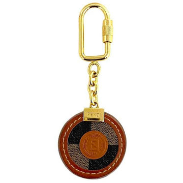 FENDI charm gold brown khaki pecan PVC leather GP  key holder ring FF ladies