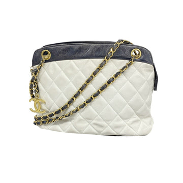 CHANEL Shoulder Bag Matelasse Chain Lambskin Black White Ladies