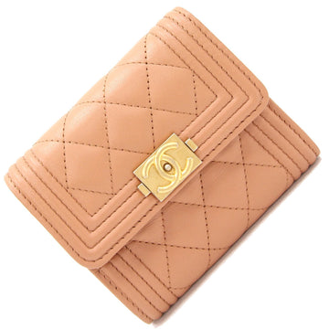 Chanel Tri-Fold Wallet Boy A84068 Brown Beige Leather Mini Small Matrasse Quilting Coco Mark Ladies