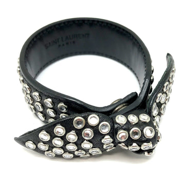 YVES SAINT LAURENT Leather Bracelet Rhinestone Ribbon Motif Women's Accessories