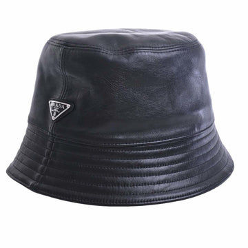 PRADA Leather Triangle Logo Bucket Hat #XL 2HC137 Black Men's