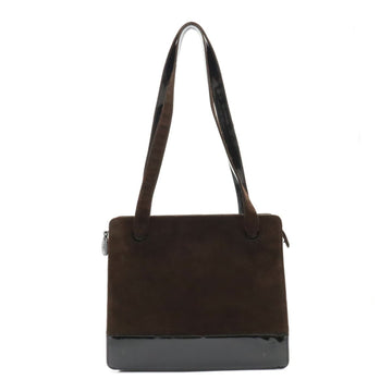 CHANEL Tote Bag Shoulder Suede Patent Leather Enamel Dark Brown Black