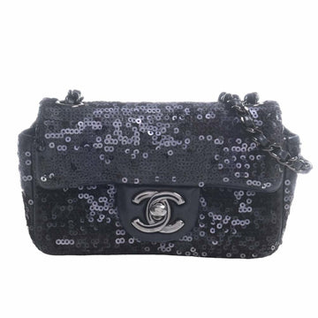 CHANEL Sequin Leather Coco Mark Chain Shoulder Bag Black Ladies