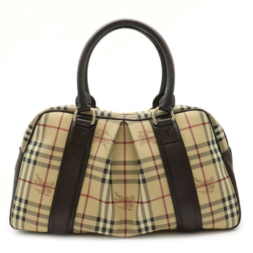 Burberry Nova Check Boston Bag PVC Leather Dark Brown Beige Red