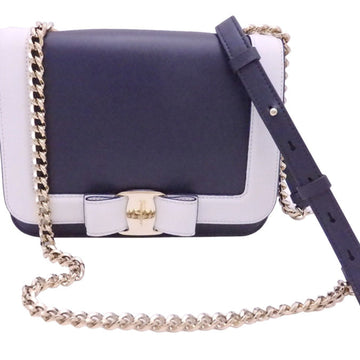 Salvatore Ferragamo Shoulder Bag Vala Ribbon Navy Blue White Leather Ladies