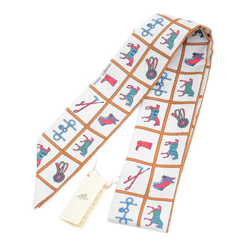 HERMES Twilly Horsewear Couvertures et Tenues de Jour Scarf Cream/Brun/Rose Silk 100%