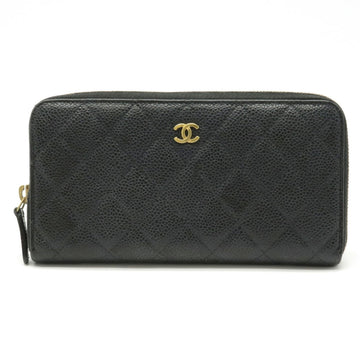 Chanel matelasse here mark round long wallet caviar skin leather black A50097