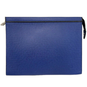 Louis Vuitton Pochette Voyage MM Clutch Bag Second M30575 TA4130 Blue Taiga Leather Men's