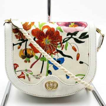 GUCCI Shoulder Bag Pochette Flora Flower White Ivory Nylon Canvas Leather Ladies