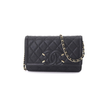 Chanel CC filigree chain wallet long caviar skin black A84451 Chain Wallet