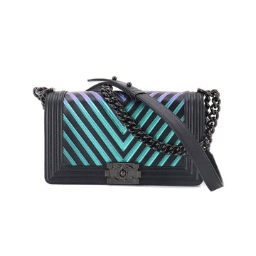 Chanel boy chevron V stitch chain shoulder bag leather black iridescent A67086 Boy chanel Bag