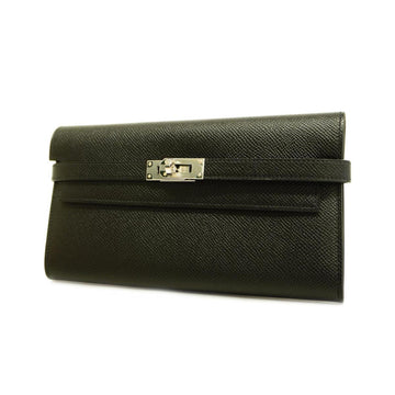 HERMES Long Wallet Kelly B Engraved Vaux Epson Black Silver Hardware Women's