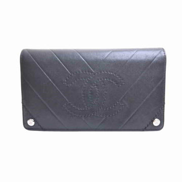 Chanel leather V stitch here mark button folio long wallet black