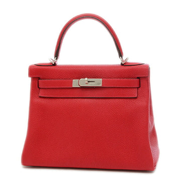 HERMES Kelly 28 Inner Stitch Handbag Taurillon Rouge Kazak Silver Hardware X Engraved