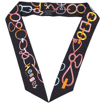 HERMES Twilly DO RE BOUCLES Dore Buckle Silk Scarf Black Multicolor Pink Orange Bag Accessories Women Men Unisex