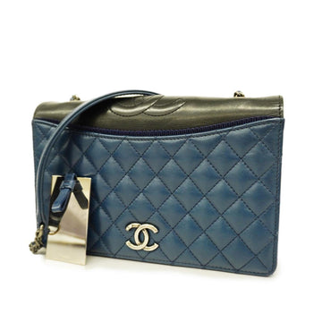 CHANEL Shoulder Bag Matelasse Chain Lambskin Black Navy Silver Hardware Women's