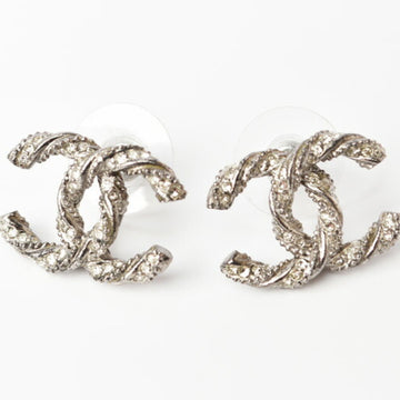 CHANEL Earrings  Coco Mark CC Twist Silver Rhinestone