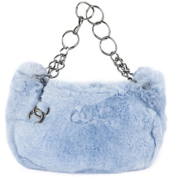 CHANEL Mini Chain Shoulder Coco Mark A20455 Rabbit Fur Light Blue Women's Bag