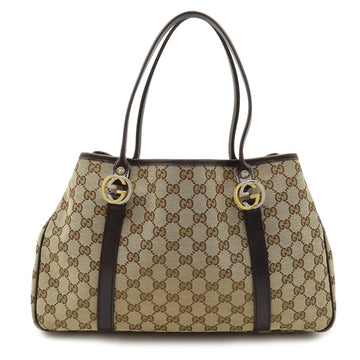 GUCCI GG Twins Canvas Tote Bag Shoulder Leather Khaki Beige Dark Brown 232957