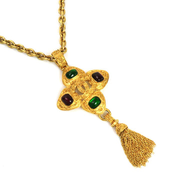 CHANEL necklace long coco mark grippore vintage gold x green bordeaux glass stone metal material  ladies