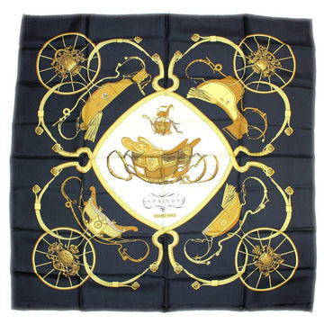 HERMES Carre Springs Scarf 100% Silk Black x Yellow White