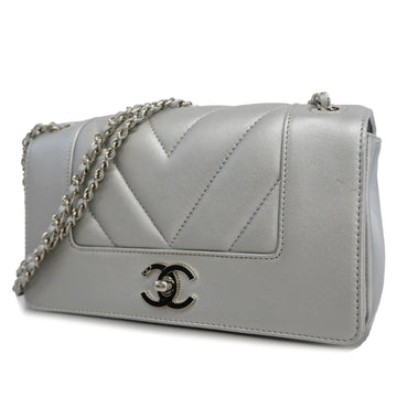 Chanel V Stitch W Flap W Chain Women's Leather Shoulder Bag Silver