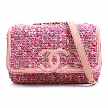 CHANEL Diagonal Shoulder Bag Cocomark Tweed/Leather Pink Ladies