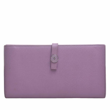 CHANEL Leather Coco Button Bifold Long Wallet Purple Ladies