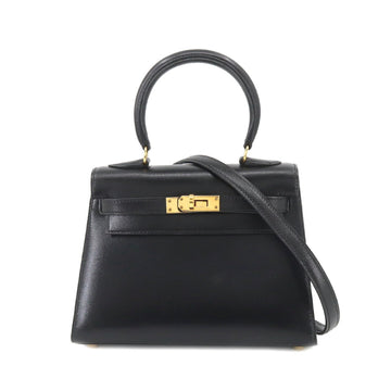 HERMES mini Kelly 2way hand shoulder bag box calf black outer stitching 〇 Y stamp gold metal fittings Mini