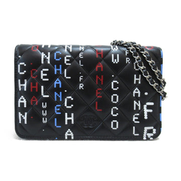 CHANEL Typography Chain Wallet Shoulder Bag Black Lambskin [sheep leather]