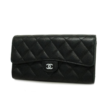 CHANEL Long Wallet Matelasse Caviar Skin Black Silver Hardware Women's