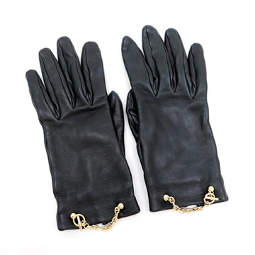 HERMES Shane Dunkle lambskin leather gloves ladies black x gold metal fittings 6.5 lining silk