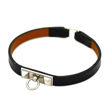 HERMES Bracelet Rival Double Tour Black Silver XS Leather Metal Togo M Engraved  Studs Women's