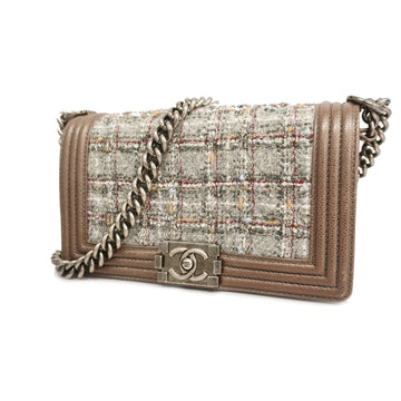 Chanel Shoulder Bag Boy Chanel Chain Shoulder Tweed Gray/Brown Silver metal