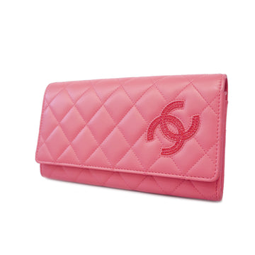 Chanel Matelasse Bi-fold Long Wallet With Silver Metal Fittings Pink