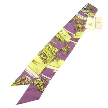 HERMES Twilly Scarf Muffler Jeu Des Omnibus Et Dames Blanches and White Lady's Game MAUVE / CITRON BLANC 100% Silk Ladies
