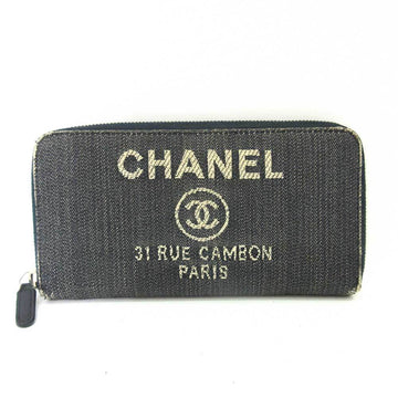 CHANEL Wallet Deauville Line Long Round Zipper Navy Blue Women's Denim Canvas A80056