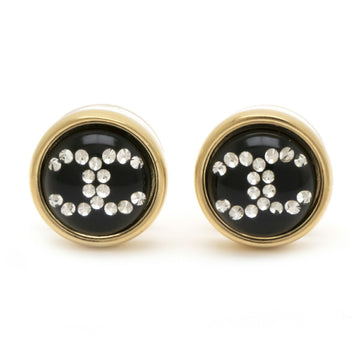 Chanel here mark pierced earrings rhinestone GP black gold D20 B