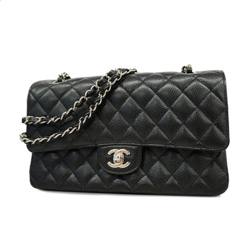 Chanel Matelasse W Flap W Chain Women's Caviar Leather Shoulder Bag Black