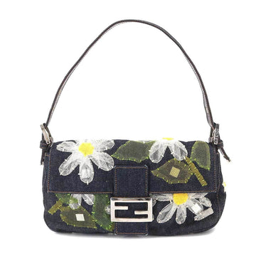 FENDI Mamma Baguette Shoulder Bag Denim Leather Navy Multicolor 26424 Flower Embroidery