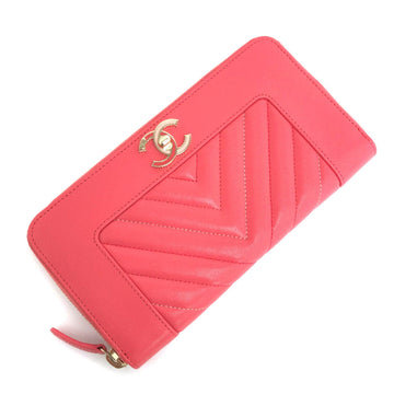 Chanel Long Wallet Mademoiselle CC Mark V Stitch Round Zip A80969 Leather Pink Ladies CHANEL