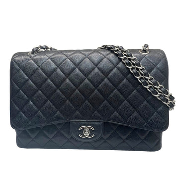 Chanel matelasse chain shoulder big 33 classic maxi handbag caviar skin black silver metal fittings bag popular coco mark ladies