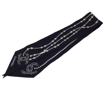 CHANEL Scarf Hair Band Black Coco Mark Pearl Pattern Silk Monotone Collar Fashionable Accessories Women's Men's Unisex