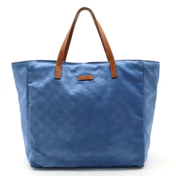 GUCCI GG Nylon Tote Bag Handbag Leather Light Blue Brown 282439